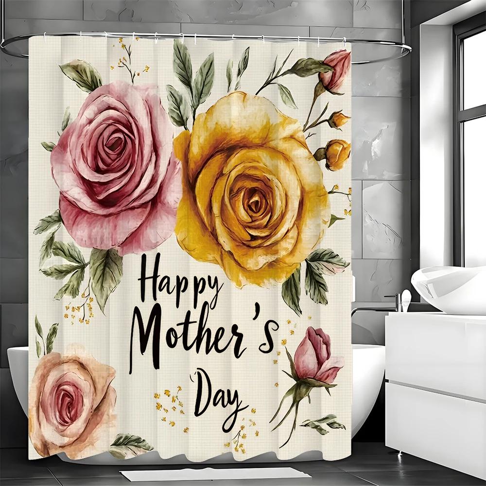 Happy Mother's Day Rosebud Flower Shower Curtain, Bathroom Decorative Shower Curtain, Waterproof Shower Curtain with Hooks