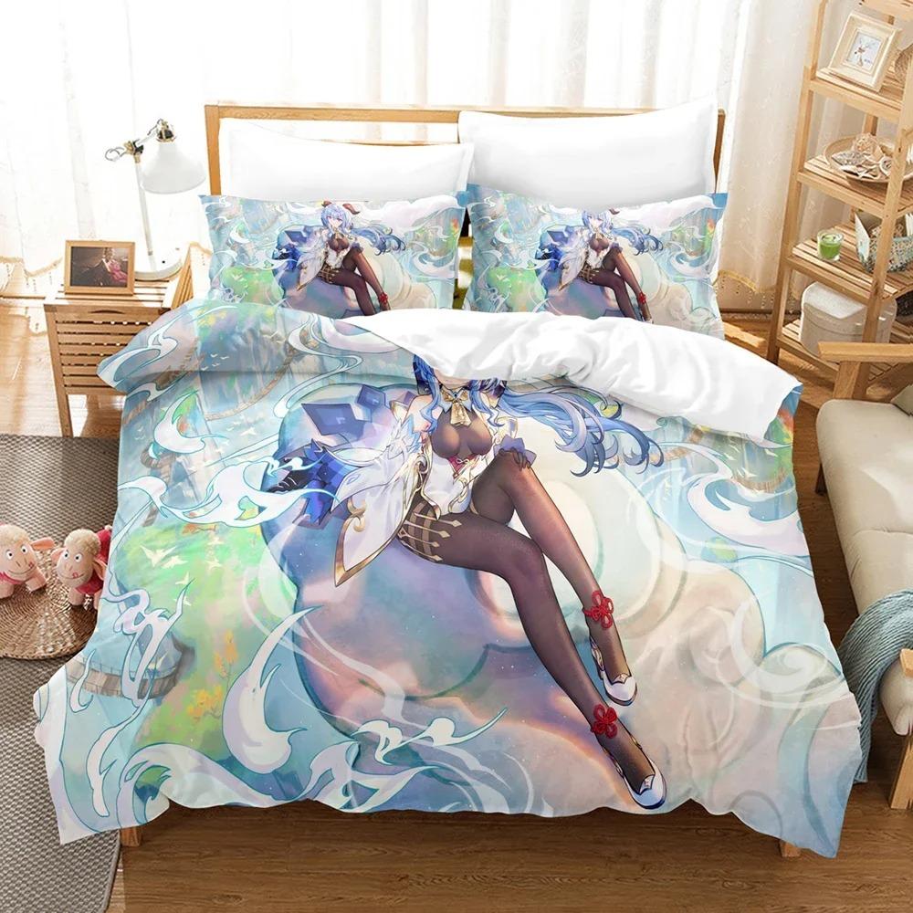 3D Printed Genshin Impact Bedding Set Winter Warm Polyester Quilt Cover Cartoon Game Design 3PCS