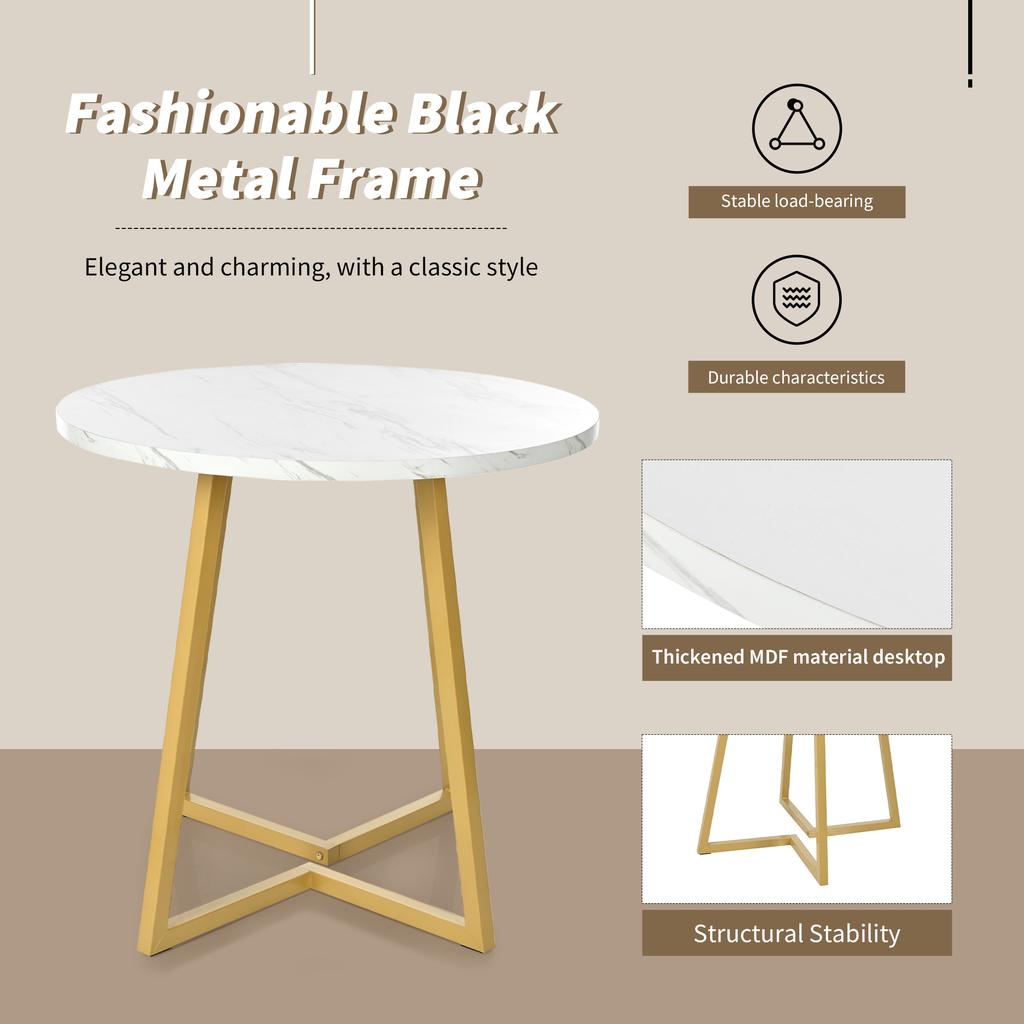 Round Dining Table (1 Piece), Unique Metal Frame, Dining Table with Modern Marble Pattern, Suitable for Dining Room, Living Room, White/Gold