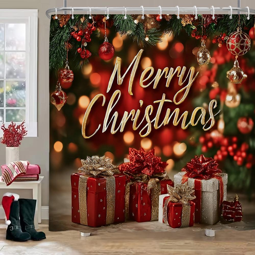 Christmas Santa Claus Snowman Printed Bathroom Shower Curtain with Hooks , Printed fabric for Home Holiday Decoration Curtain