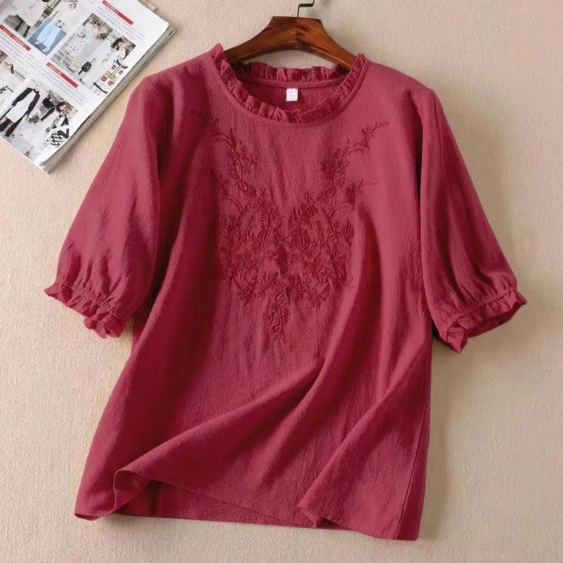

Cotton T-shirt Women Round Neck Lace Short-sleeved Shirt Loose Breathable Soft Fit Blouse M червоний
