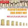 320PCS Zinc-Plated Rivet Nut Assortment M3-M12  Flat Head Vertical KnurledThreaded Rivet Insert Nutsert Cap Rivet Nu Sett