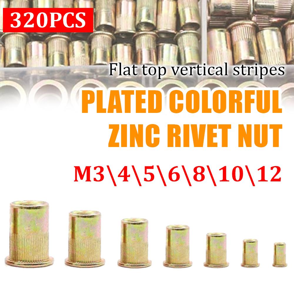 320PCS Zinc-Plated Rivet Nut Assortment M3-M12 Flat Head Vertical KnurledThreaded Rivet Insert Nutsert Cap Rivet Nu Sett