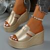 Fashion Women's Gold Platform Wedge Sandals Summer 2025 Thick Bottom Non Slip Beach Slippers Woman Fashion Peep Toe High Heel Sandalias