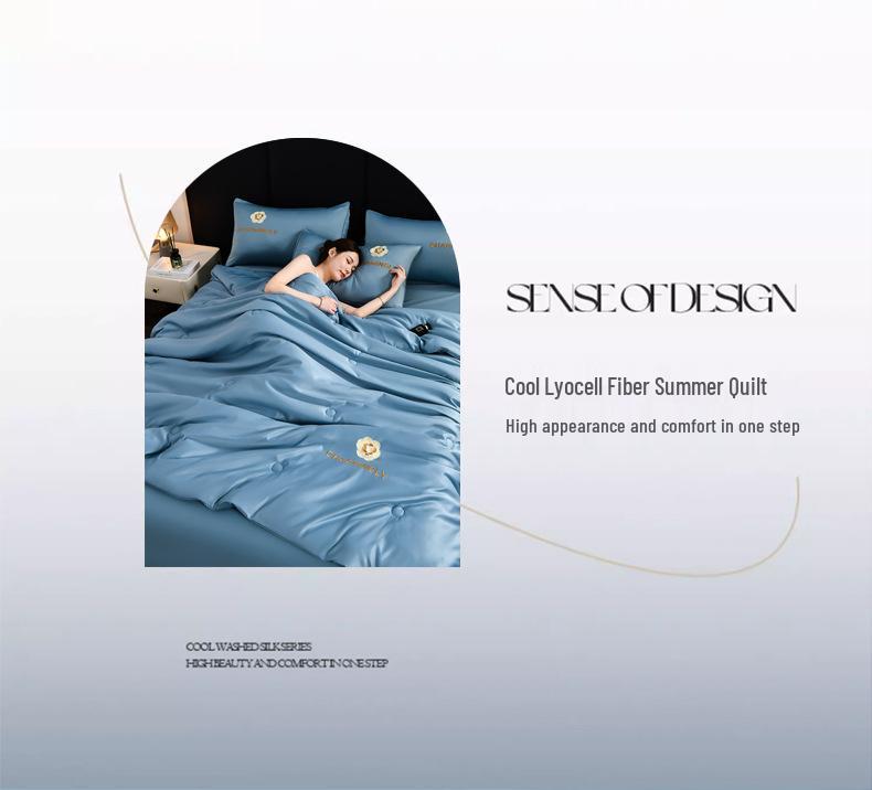 Luxurious Ice Silk Summer Quilt Set - Machine Washable, Air Conditioning Friendly, Double Size, Lightweight and Breathable.