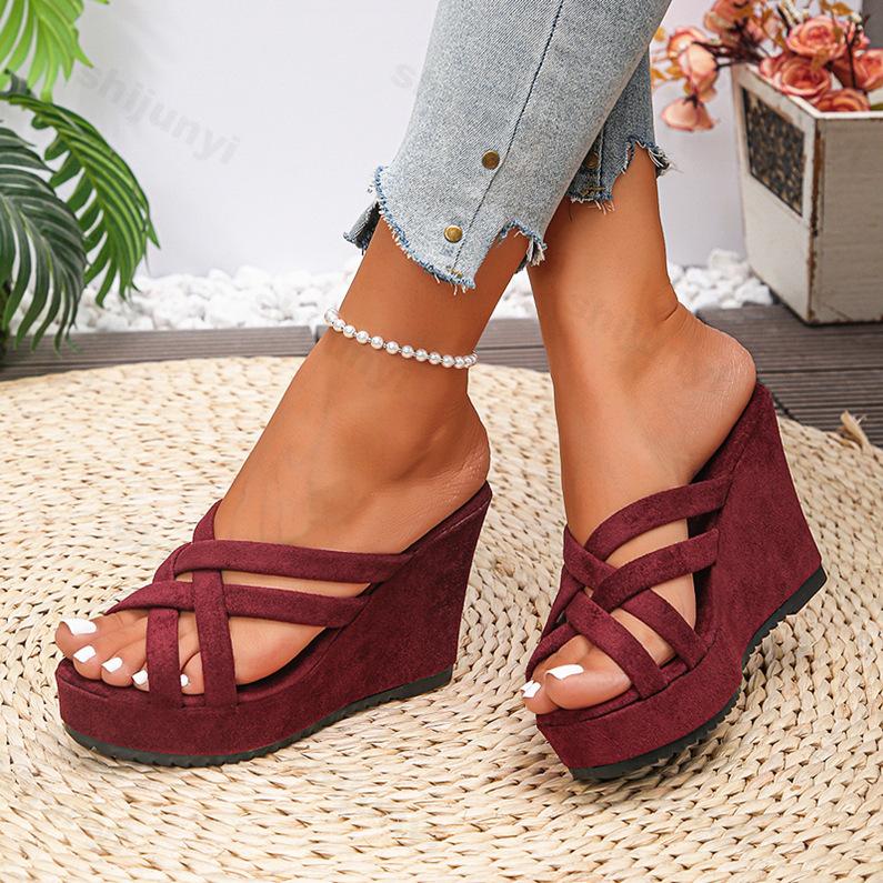 Fashion 2025 Summer New Women's Open Toes Fashion Wedge Heel Thick Soled Sandals Breathable Comfortable Cross Strap Beach Cool Slippers