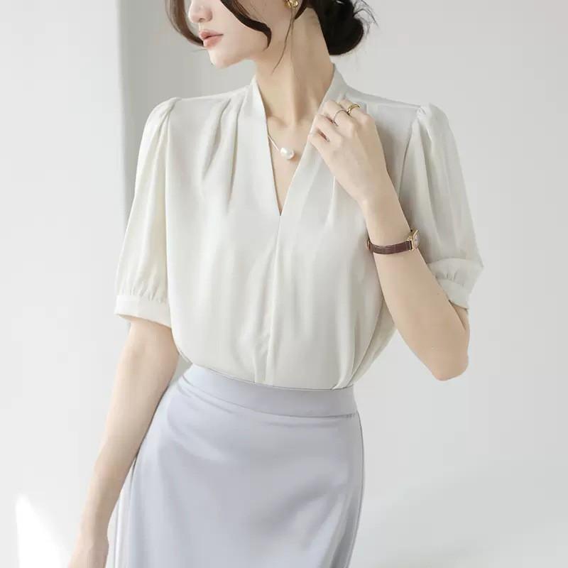 Elegant V-Neck Satin Blouse Women Slim Fit Lightweight Office Shirt 2026 Pure Color