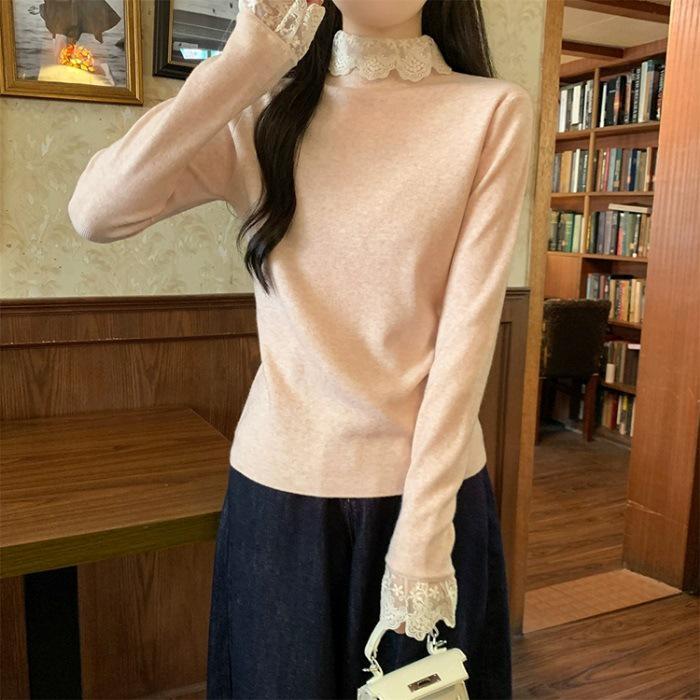2026 Korean Lace Patchwork High Neck Slim Fit Base Layer Top Medium розовый
