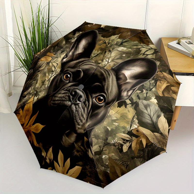 French Bulldog Puppy and Leaf Pattern, 1pc Automatic Folding Umbrella, Portable Foldable Design, 8 Ribs, Casual Outdoor Accessory, Halloween