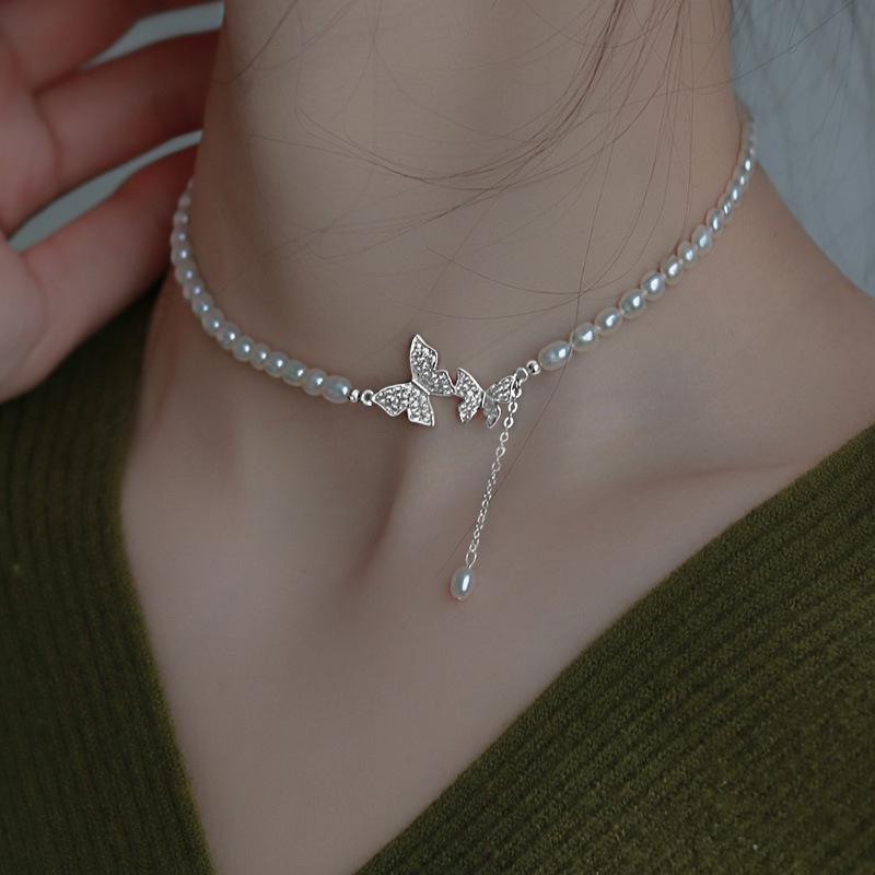 Colier de perle cu ciucuri fluture din argint S925 pentru Instagram pentru femei, nișă franceză, stil de lux ușor, baroc, lanț de clavicula cu cereale de orez