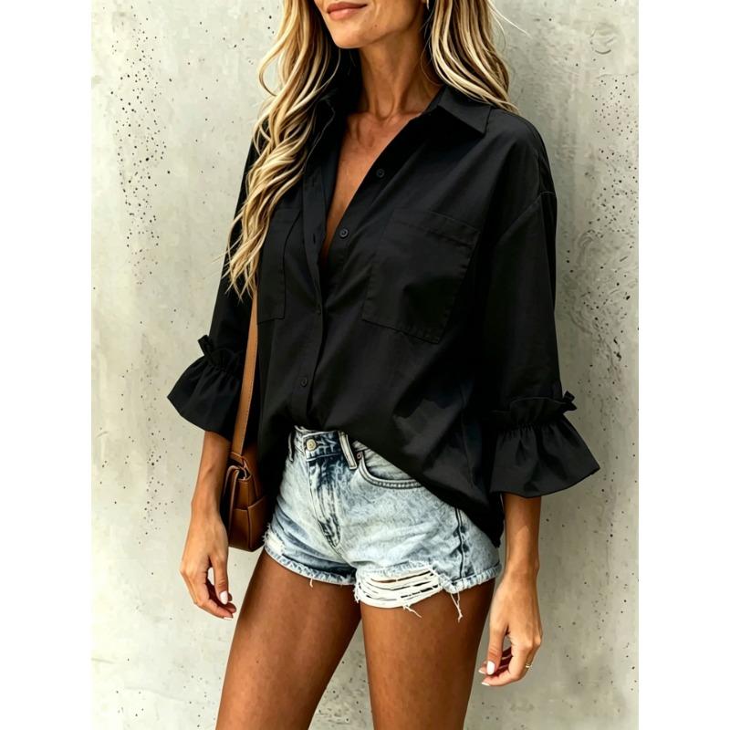 Women Loose Polka Dot Ruffle Sleeve Casual Button Down Shirt