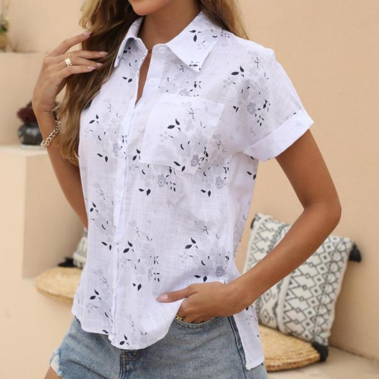 Summer Women Floral Print Short Sleeve Cotton Linen Blouse Turn Down Collar Single Breasted Tops White Yellow Blue Casual Shirt
