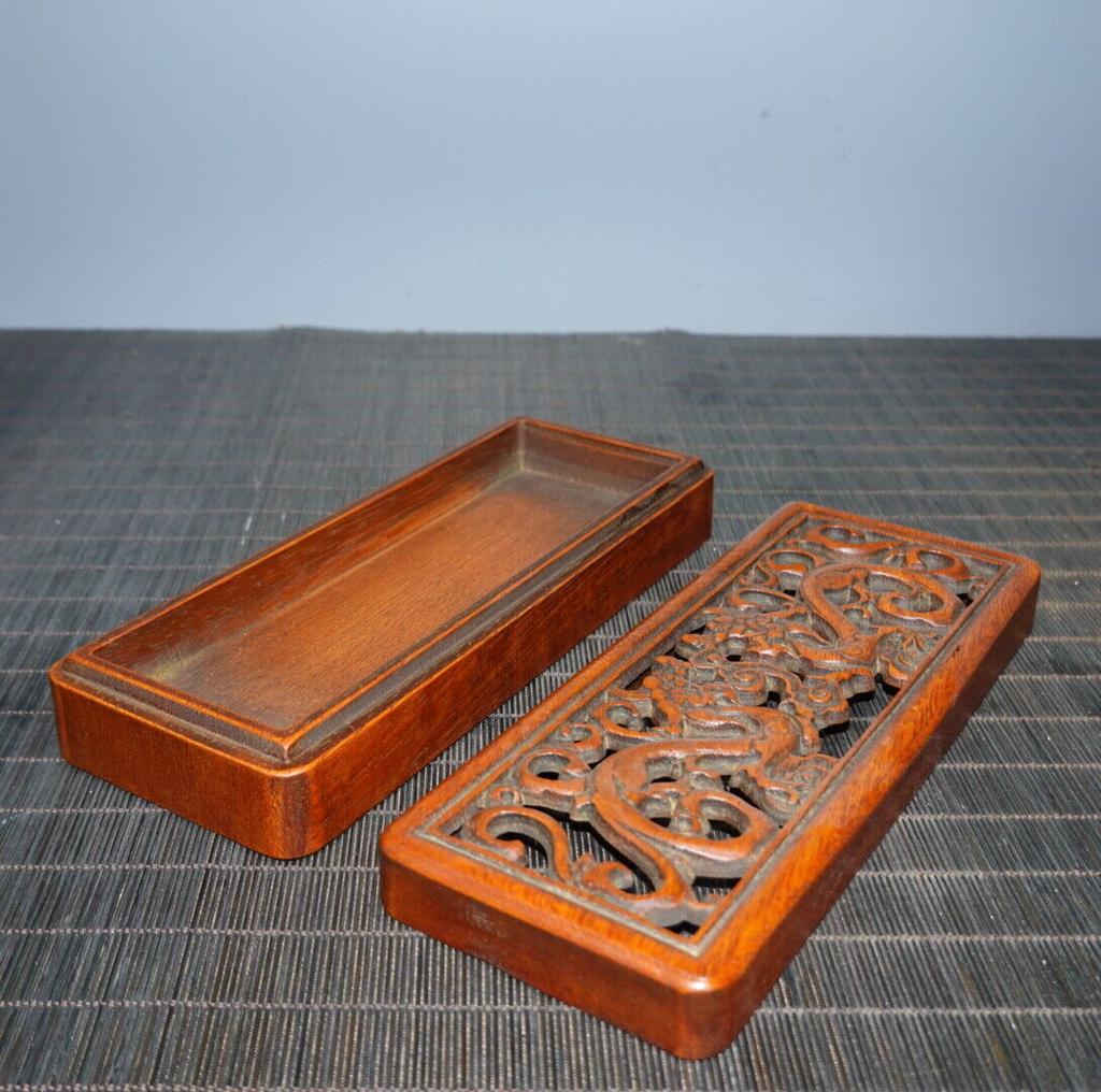 Chinese Antique Vintage Rosewood Jewelry Box Carved Dragon Loong Statue Box Art