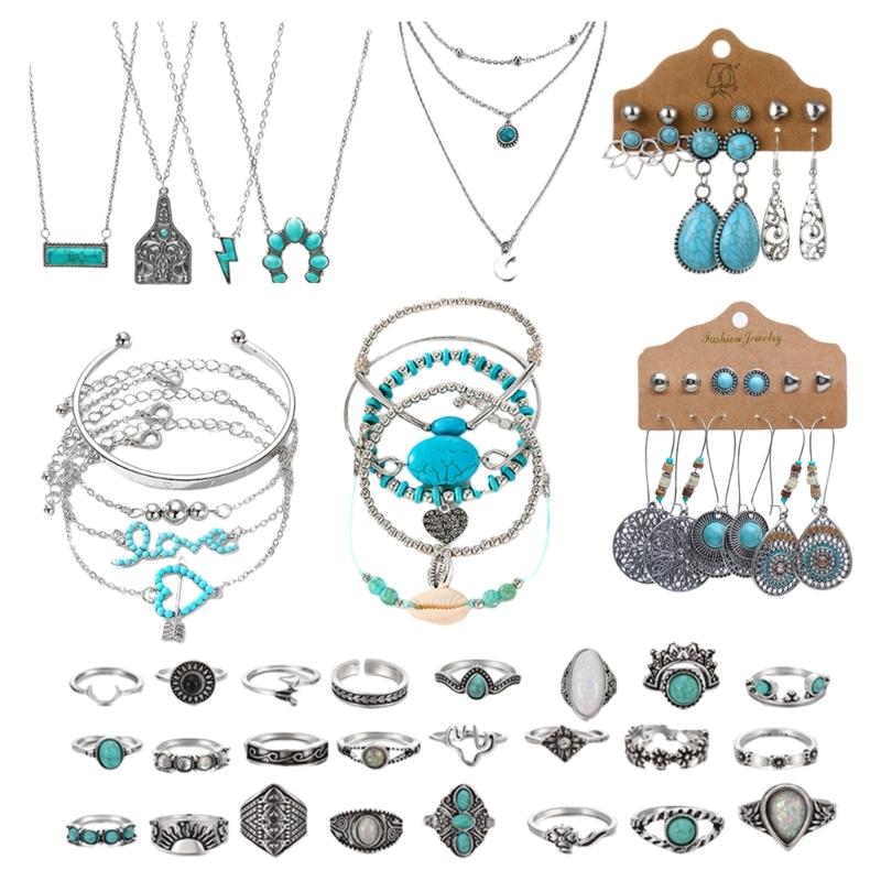 50 Pieces Bohemian Style Turquoise Color Fashion Accessories Handmade Adjustable Stackable Necklace Bracelet