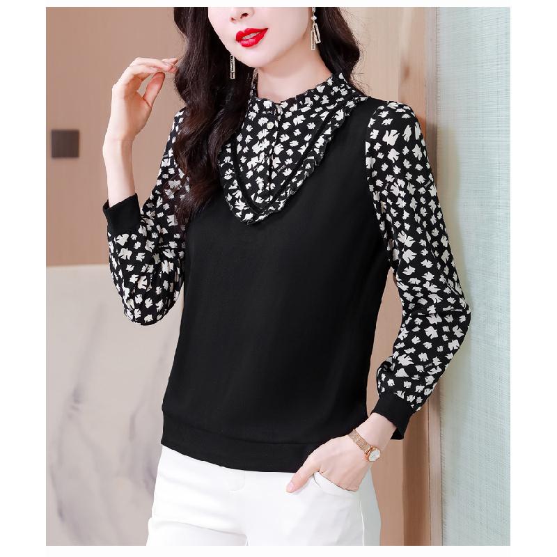 2026 Spring and Autumn Long-Sleeve Slim-Fit Shirt with Ruffled Edge and Printed Design for Women