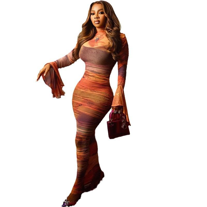 Winter Print Flared Sleeve Pleated Bodycon Dress - European & American Style