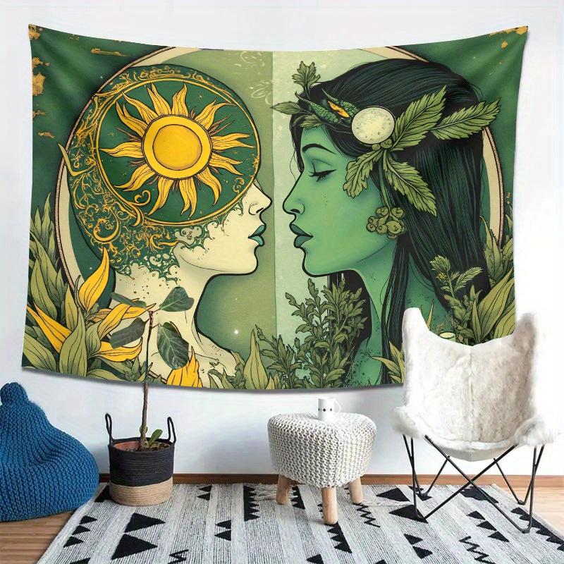 Celestial Woman Tapestry  Sun and Moon Goddess Yin Yang Design Green and Gold Mythical Art for Bedroom or Dorm Decor