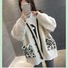 Spring and Autumn V-neck Knitted Cardigan Women Leopard Pocket Sweater Coat Versatile Student Mid Length Cardigan Sweater
