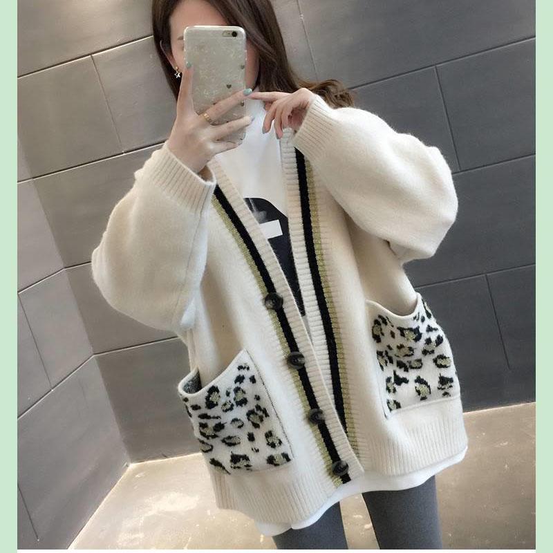 Spring and Autumn V-neck Knitted Cardigan Women Leopard Pocket Sweater Coat Versatile Student Mid Length Cardigan Sweater