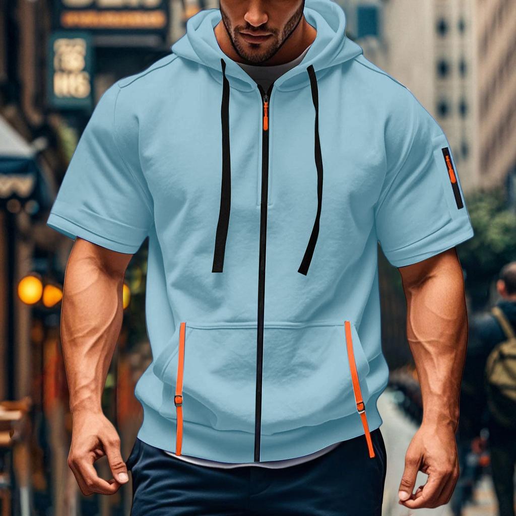 Men's Casual Short-sleeved Sweatshirt. Loose And Breathable Solid-color Sweatshirt Jacket With Multiple Pockets And A Zipper.