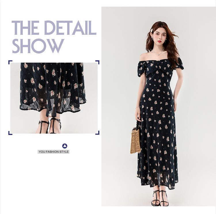 Women’s 2026 Summer Floral Midi Dress - French Waist-Cinched, Lace Trim, Square Neck