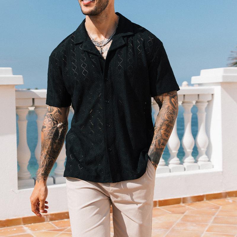 Mens Casual Hollow Out Short Sleeve Shirt Breathable Cuban Collar Shirt