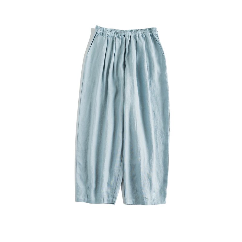 

Loose 9 Points Ankle-Tied Harem Pants 9 Pure Linen Minimalist Artsy Slim Fit Slimming Elastic Waist Drawstring Casual Pants Glaze Green One size