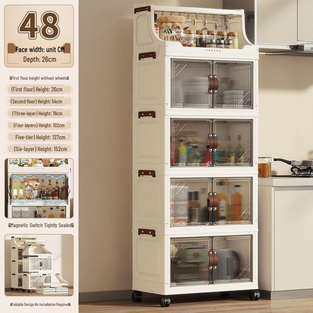 Multi-Layer Folding Bookcase with Wheels - Double Door, Moisture-Proof, Large Capacity, No Assembly Required.