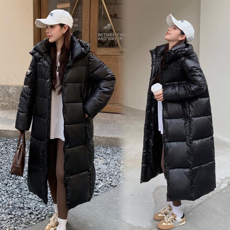 Chaqueta de Otoño e Invierno para Mujer Negra Brillante Holgada con Capucha Larga hasta la Rodilla Engrosada Cortavientos Chaqueta para Mujer