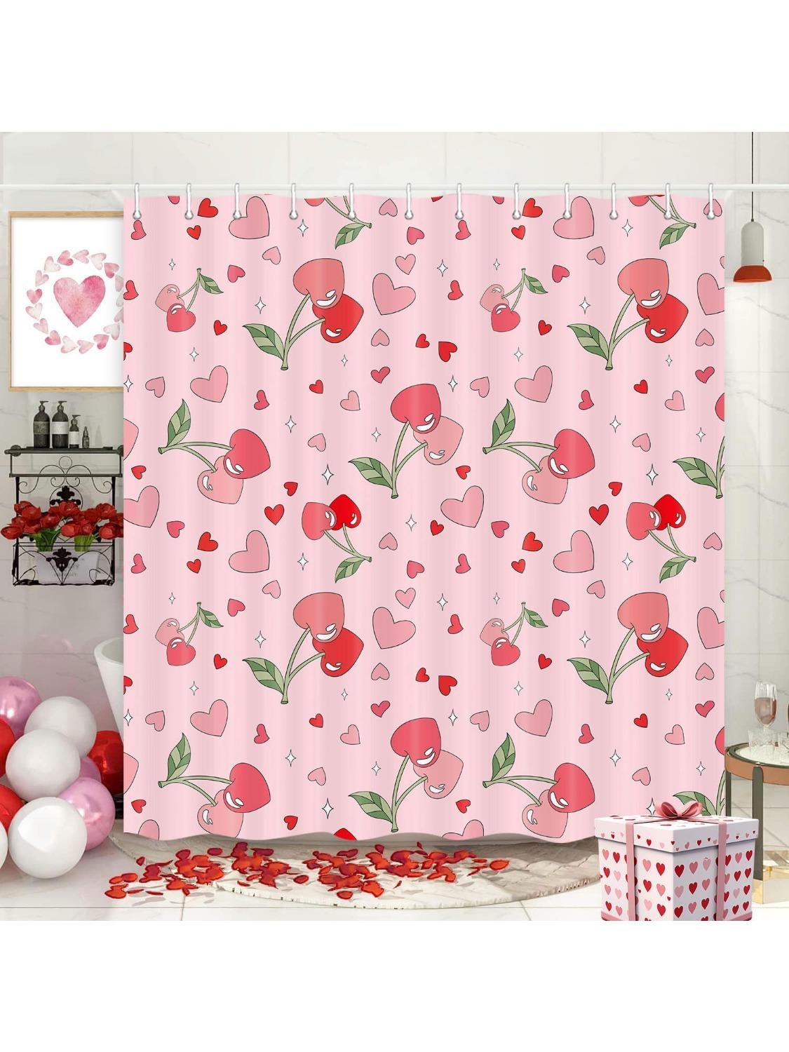

Vintage Cherry Shower Curtain Pink Retro Groovy Funky Chic Retro 70S Bathroom Accessories Valentines Romantic Love Heart Cute W60H190(CM)-1 Pcs