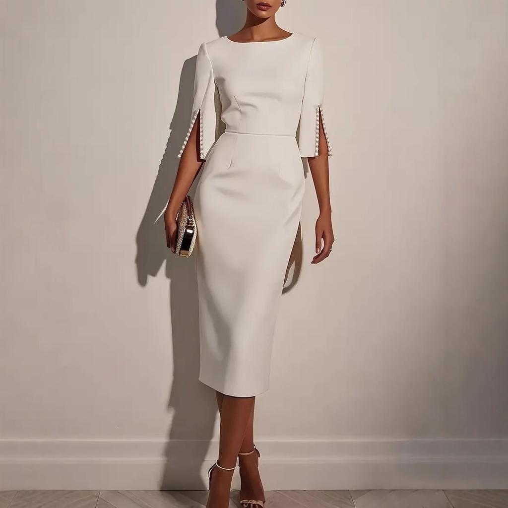 European and American New Solid Color Elegant Commuter Bead Slim Hip Dress Medium and Long Dress Women