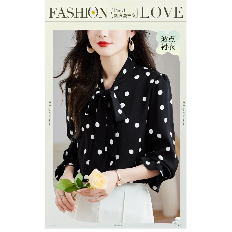 2026 Nuovo Top alla Moda ed Elegante per la Primavera, Camicia Versatile in Chiffon a Maniche Lunghe con Pois Neri