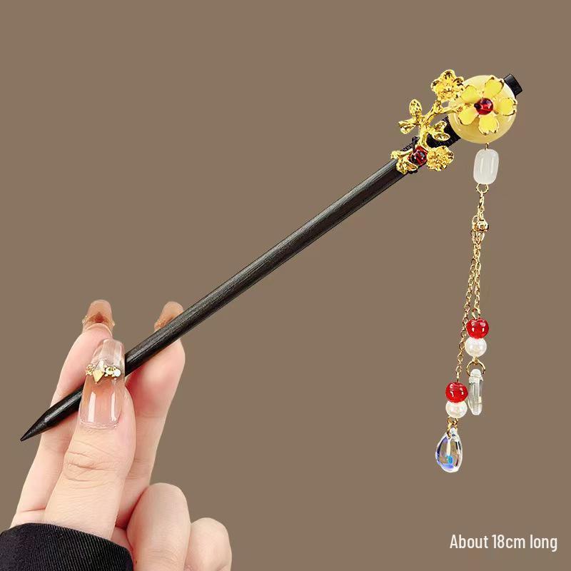 Elegant Red Rose Tassel Hairpin - U-shaped Hair Accessory for Women, Perfect for Updos and Traditional Attire.