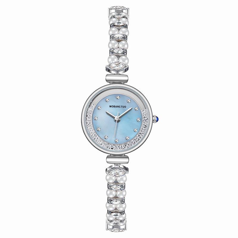 Fashion Accessorie Women's Light Diamond-Encrusted Luxury Pearl Bracelet Watch Round Quicksand High-End Fritillary Quartz Watch