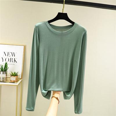 Damen Modal Langarm T-Shirt Rundhalsausschnitt Einfarbig Schmale Passform Basic Unterhemd Dünn Vielseitig Lässiges Oberteil