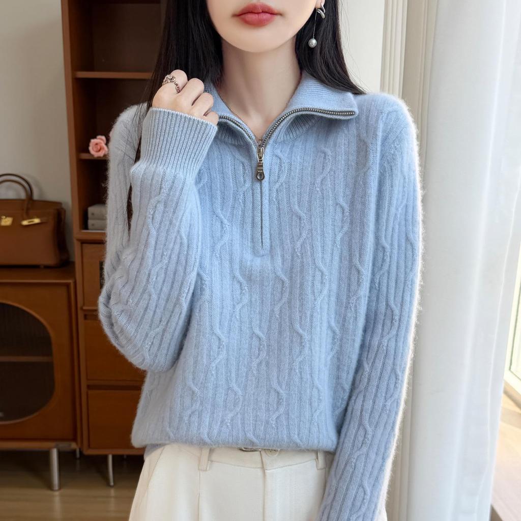 2026 Autumn/Winter Women's Pure Wool Cable Knit Half-Zip Lapel Sweater