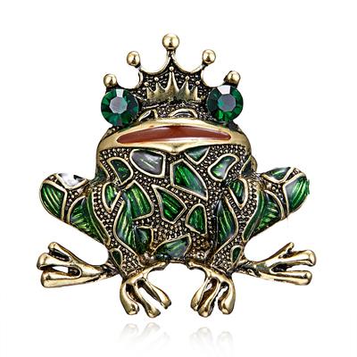 Funny Cute Wearing Crown Frog Brooches For Women Men Vintage Creative Green Enamel Rhinestone Froggy Animal Buckle Pins Jewelry