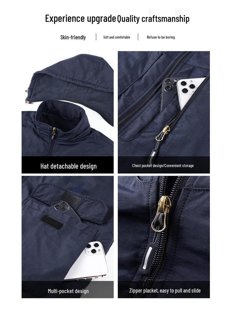 Męska wiatroszczelna kurtka górska z aksamitną podszewką – Pogrubiony zimowy płaszcz bawełniany
