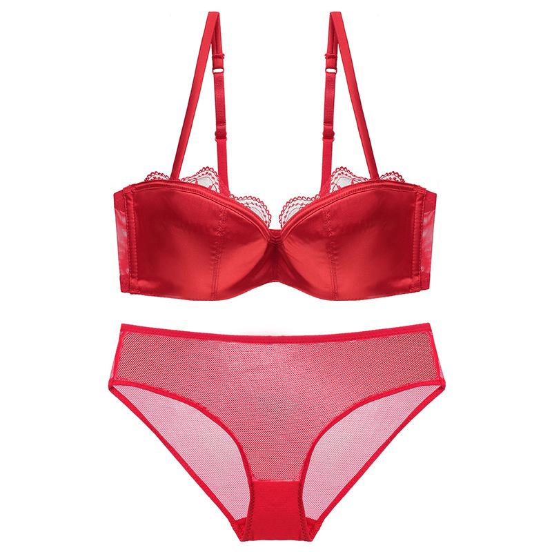 European & American Women's Sexy Lace Underwear Set - Thin Cotton Half Cup Push-Up Tube Top Bra