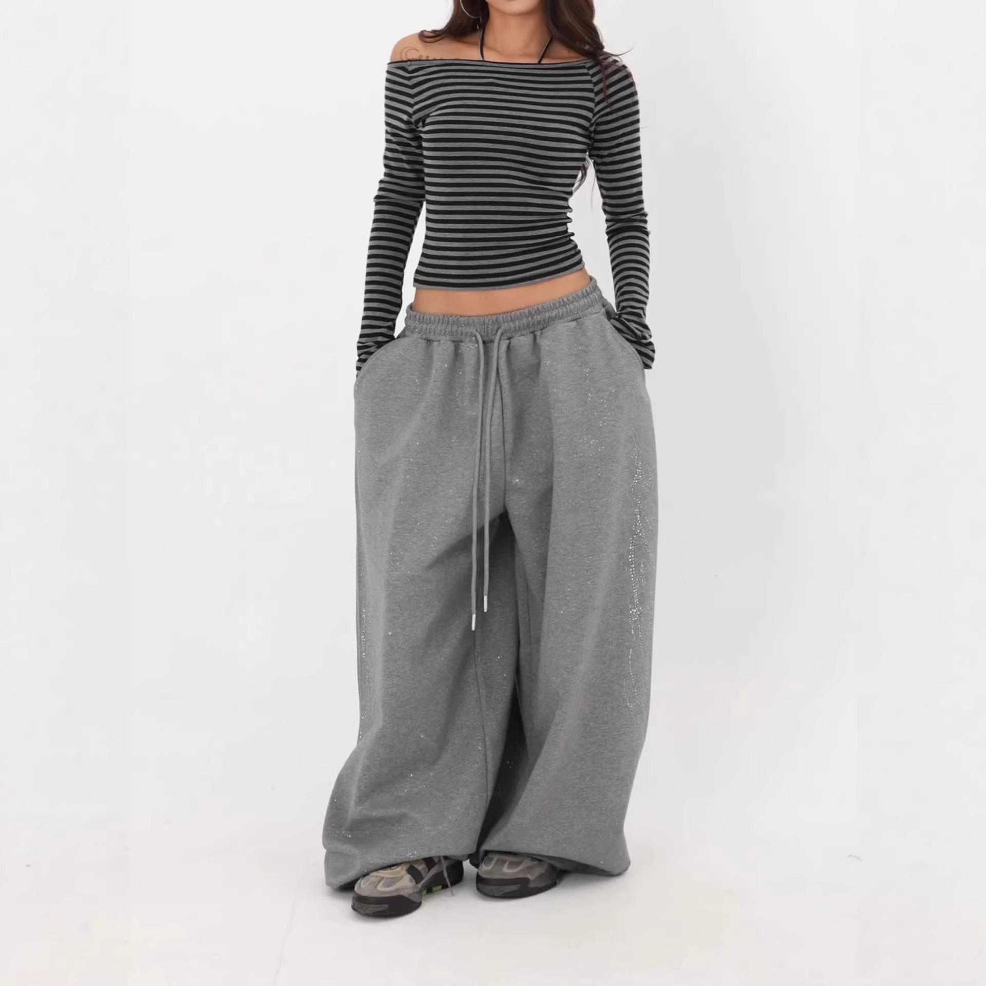 

Women s Silver Rhinestone Sprinkle Hip Hop Jazz Wide-Leg Dance Pants M сірий колір