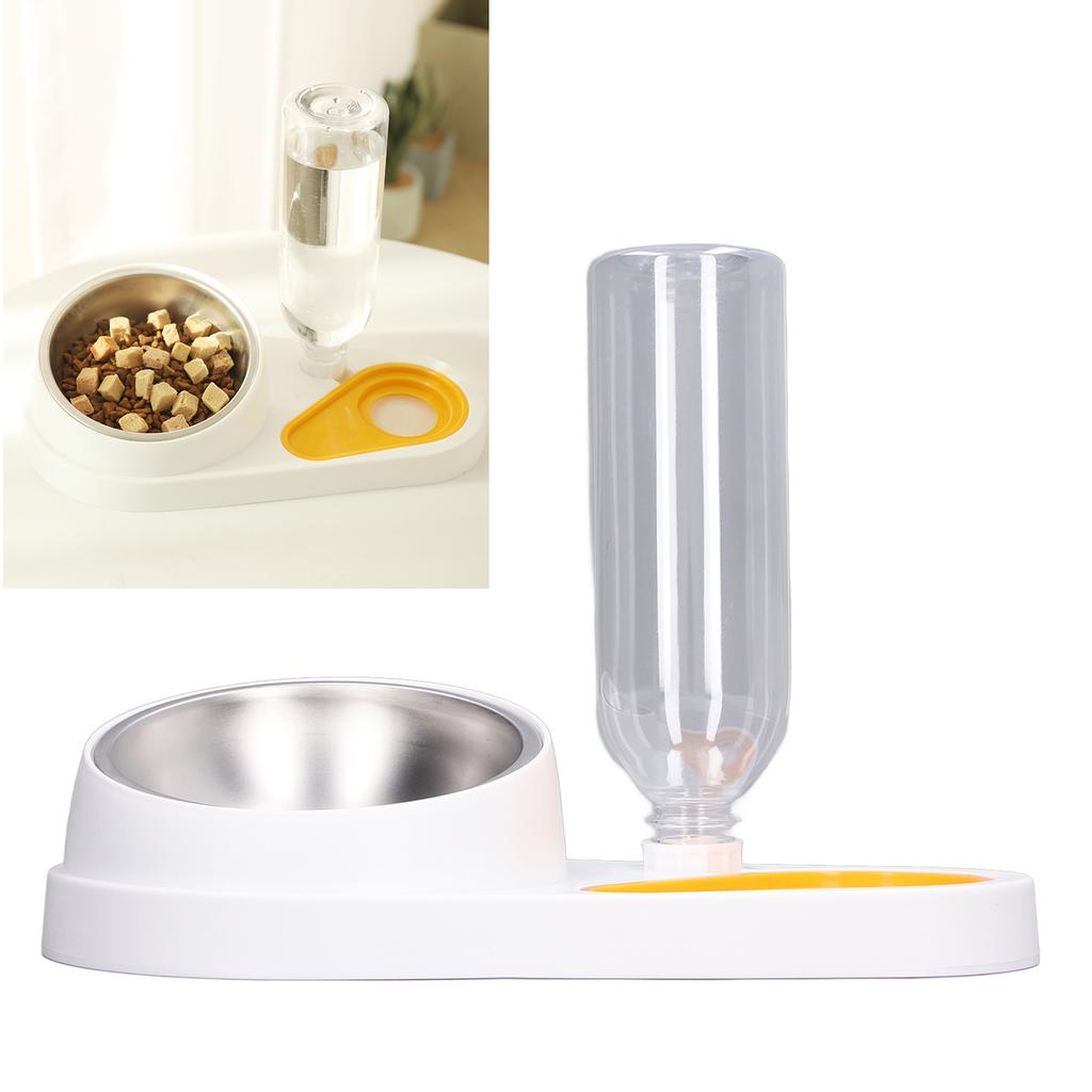 Cat Water Food Bowl Automatic Water Filling 16 Degree Tilt Stainless Steel Double Pet Bowl Set White