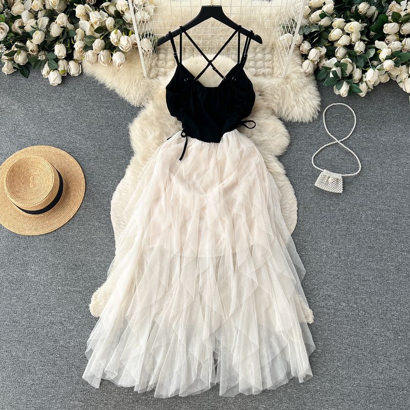 French Style Temperament Slim-Fit Deep V Sweet Lady High Waist Long Dress Super Fairy Cake Beach Dress Splicing Sling Dress