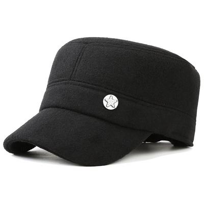 Herrenhut Winter Outdoor Mittelalterliche und ältere Wollmütze mit flachem Oberteil, Ohrenschutz, Baseballkappe, verdickte Militärmütze, Baumwollmütze für ältere Herren