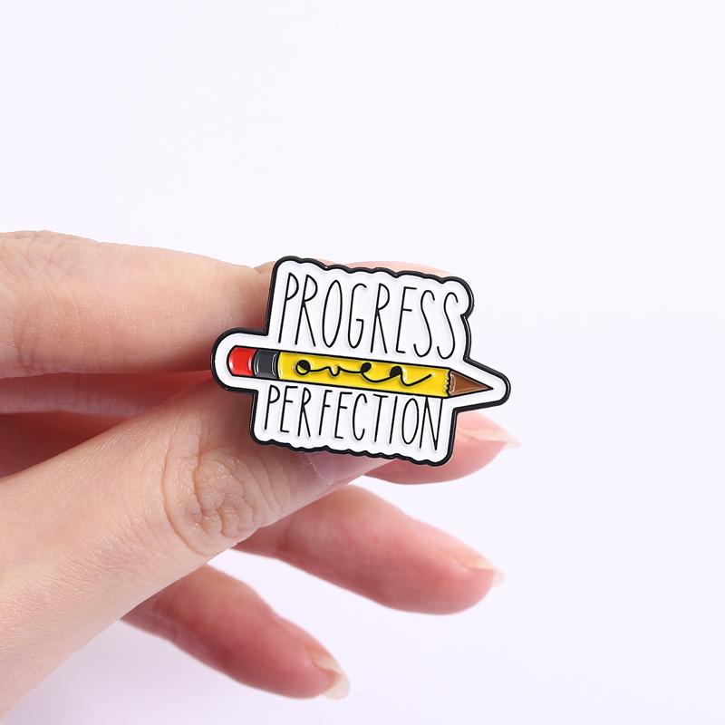 Pencil Enamel Pins Progress Over Perfection Brooches Teacher Quotes Lapel Badges Jewelry Gift for Teachers Friends