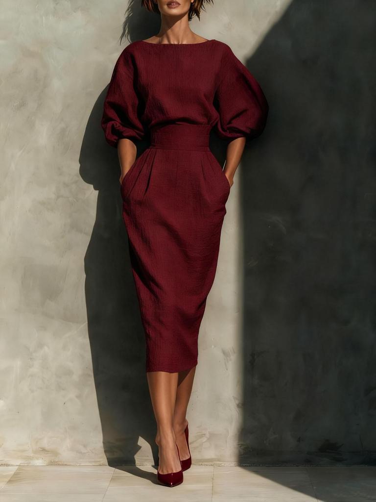 Abito Retro da Donna con Scollo a Barca e Silhouette ad A, Maniche a Sbuffo e Gonna Pieghettata a Vita Alta – Perfetto per l'Eleganza di Primavera e Autunno