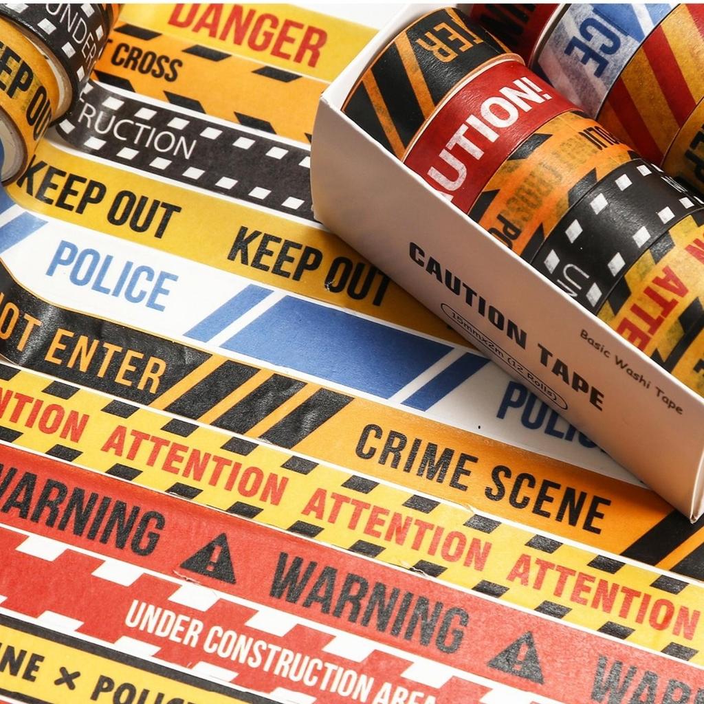 12 Rolls Caution Washi Tapes Set Decorative Paper Masking Tape Removable No Residue Stop / Attention / Keep Out Adhesive