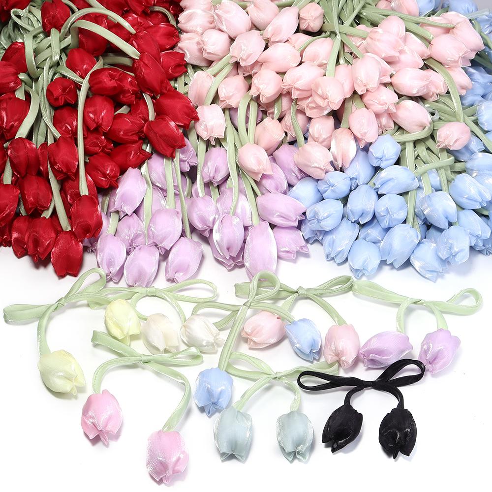 5pcs Tulip Bow Flowers Sweet Artificial Flowers For DIY Wedding Party Christmas Clothing Headwear Gifts Decoration Accessories