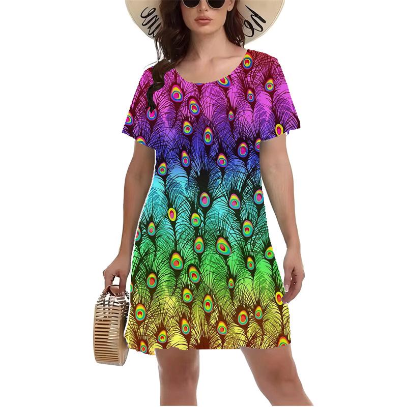 Retro 3D Buntes Druckkleid Damen Sommer Kurzarm Rundhals Freizeitkleid Große Größe Damen Sommerkleid Vestidos