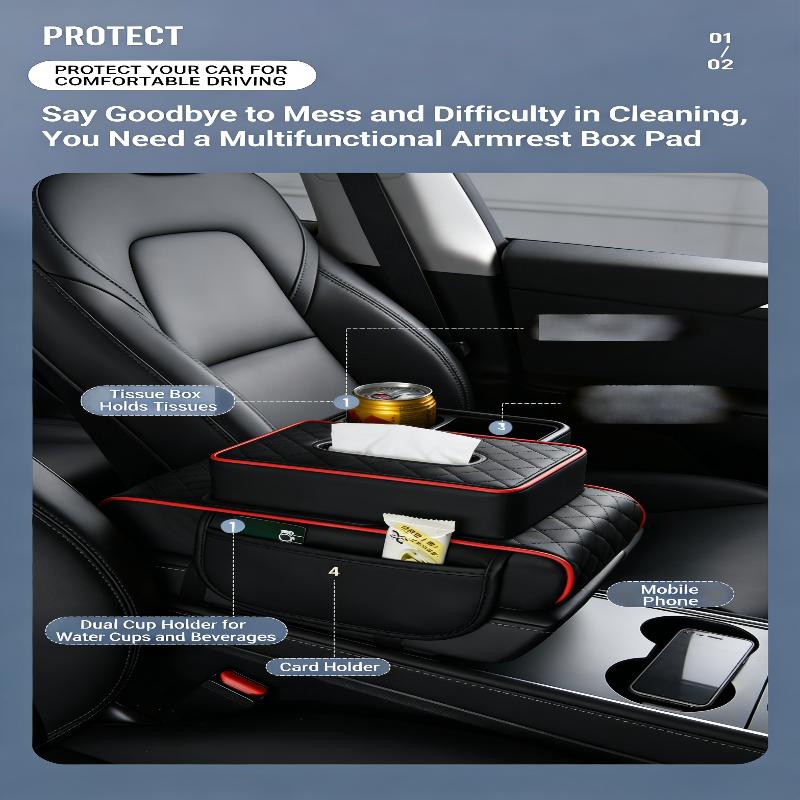 Car Center Console Armrest Cushion PU Leather Mat Memory Foam Support Universal Fit for SUVs and Sedans