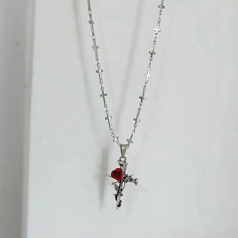 Punk Gothic Red Rose Vine Cross Pendant Necklace for Women Men Vintage Rock Cool Silver Color Cross Chain Party Jewelry Gifts